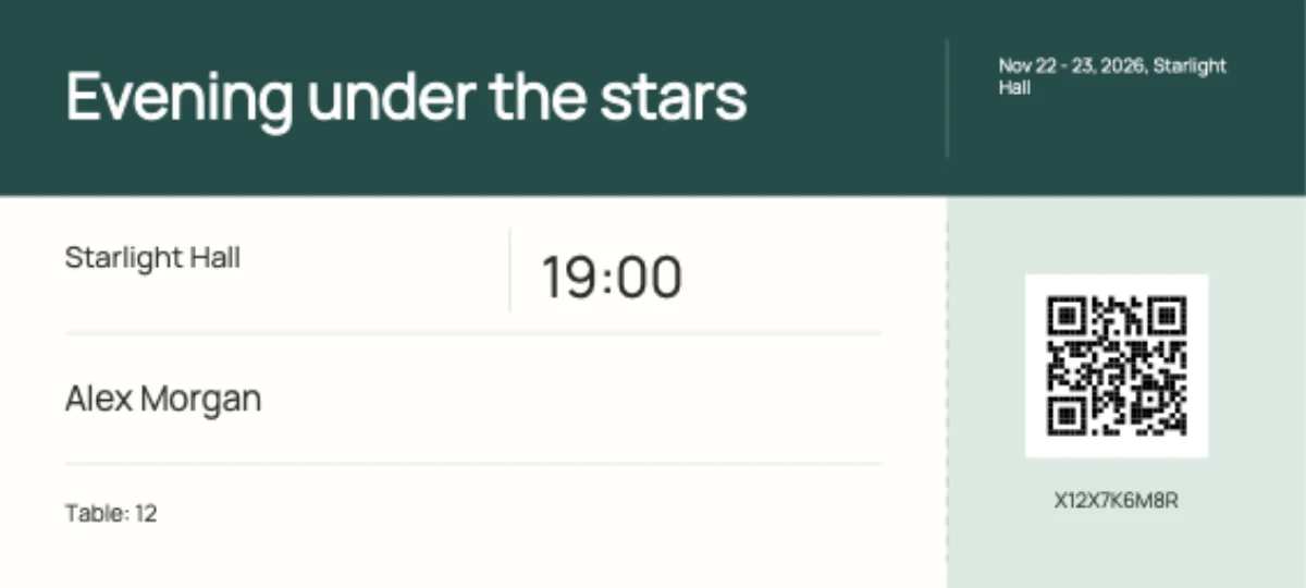 Boarding pass with English event and guest details